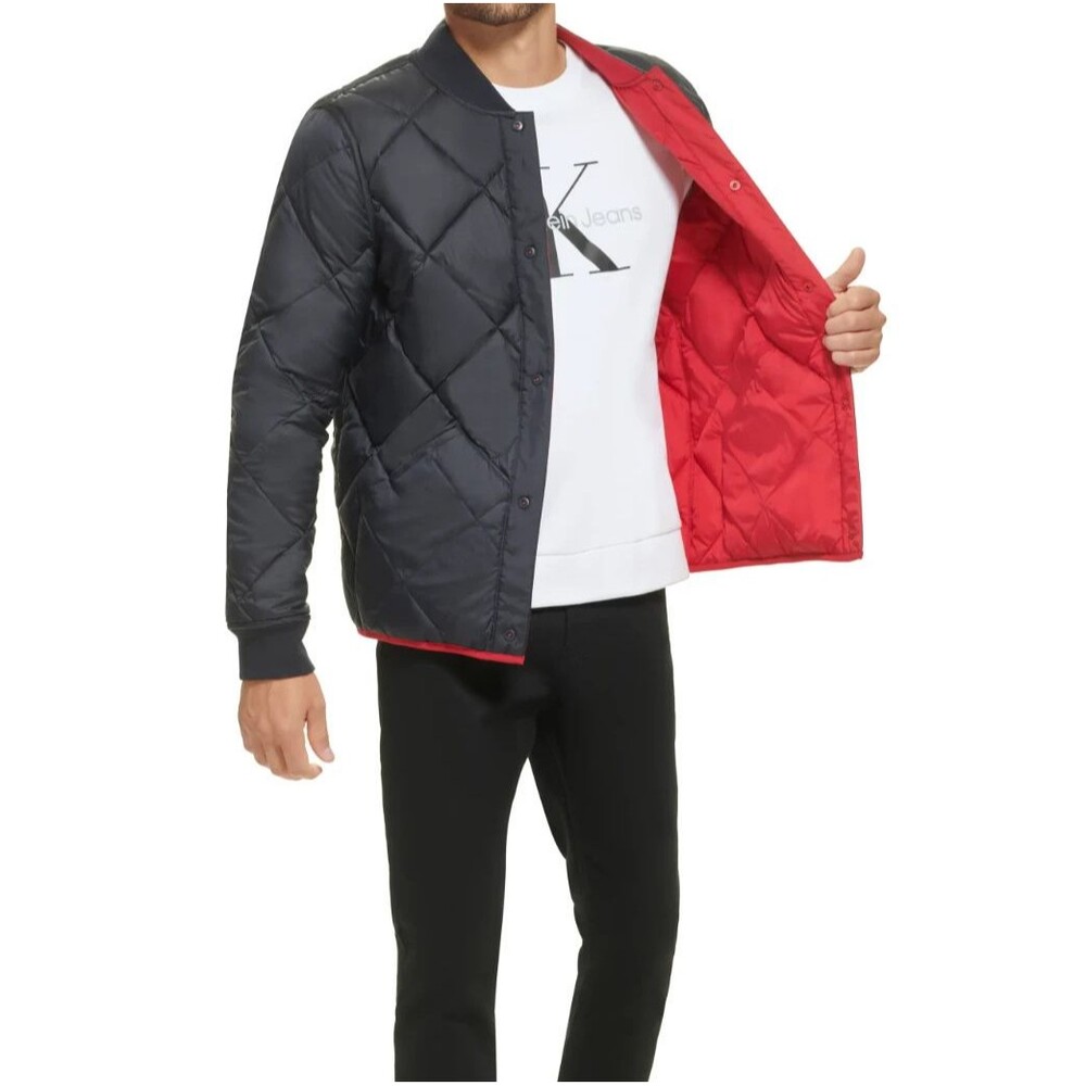 CALVIN KLEIN Jacket Mens Medium Navy Blue Red Reversible Quilted Puffer $195